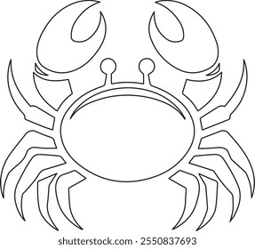 Minimalistic line art illustration of a crab, emphasizing clean contours and symmetrical design in black and white.