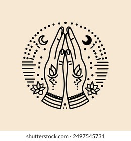 Minimalistic line art illustration depicting praying hands surrounded by spiritual symbols, including a crescent moon, dots, and lotus flowers. Hindu believes. Namaste. 