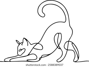 A minimalistic line art illustration of a graceful cat stretching with its tail curled upward. The cat is drawn with flowing, fluid lines, capturing delicate curves and soft details.