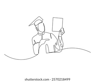 A minimalistic line art illustration of a graduate wearing a cap and gown, proudly holding a diploma in one hand while pointing to it with the other, symbolizing achievement and academic success