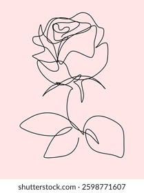 Minimalistic line art illustration of a rose against a soft pink backdrop. The artwork features delicate continuous lines forming the shape of a blooming rose with leaves.