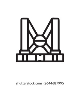 Uma ilustração de arte de linha minimalista de um cinto de segurança projetado para proteção contra quedas e segurança industrial em vários ambientes de trabalho.