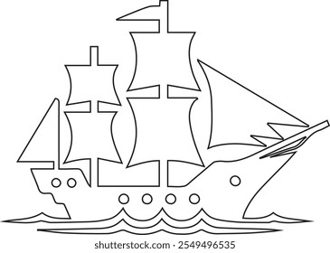 Minimalistic line art illustration of a sailing ship with multiple sails and waves below, evoking a sense of maritime exploration and adventure at sea.