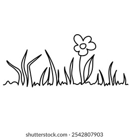 Minimalistic line art illustration of a single flower growing among blades of grass. Perfect for eco-friendly designs, nature-themed projects, and simple decor. Ideal for spring and garden motifs.