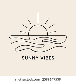 Minimalistic Line Art Illustration of a Sunset Above Ocean Waves

