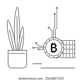 A minimalistic line art image showing a potted plant beside a Bitcoin symbol made with technological circuits. Ideal for cryptocurrency, digital innovation, finance, modern decor, technology