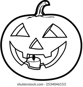 Eine minimalistische Linienart einer Jack-o'-Laterne mit einem breiten Grinsen, dreieckigen Augen und einer glühenden Kerze im Inneren, ideal für Halloween-Designs