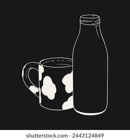 Minimalistic line art of a milk bottle next to a decorated mug, isolated on black background