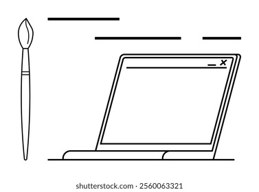 A minimalistic line art of a paintbrush next to a laptop. Ideal for digital art, graphic design, creative tools, modern technology, and artistic innovation themes. Black white sketch style