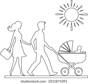 Minimalistic line art of a parent pushing a stroller, illustrating a tender moment.