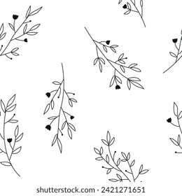 Minimalistic line art pattern with plant branches isolated on white background