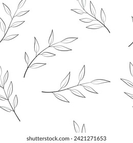 Minimalistic line art pattern with plant branches isolated on white background