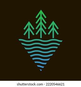 minimalistic line art rhomboid green sign of three fir trees and water waves