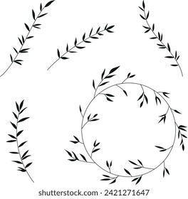 Minimalistic line art set plant branches isolated on white background