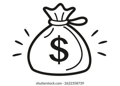 The minimalistic line art shows a filled money bag, secured with a tie, with a prominent dollar sign on the surface and rays emanating from it.
