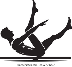 Minimalistic line art silhouette vector illustration of a person gracefully performing pilates, capturing the elegance and fluidity of movement in a simple yet dynamic design.