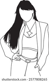 Minimalistic line art of a woman featuring intricate details of her trendy outfit and long hair.