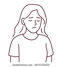 Minimalistic line art of a young woman with a sad expression, wearing an awareness ribbon to represent emotional distress or support for a health-related cause