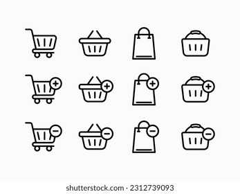 Minimalistic line cart types icons. Add to cart and remove from cart icons with different types of basket.