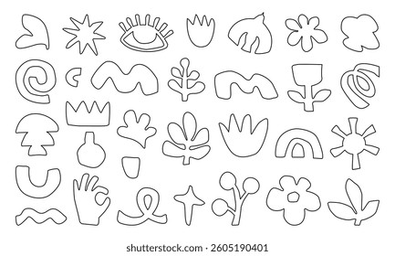 A minimalistic line collection of organic shapes and symbols, including flowers, leaves, hands, eyes, and hand-drawn abstract figures on a white background.