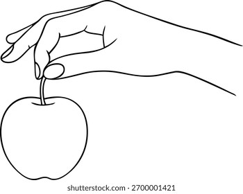 Desenho de linha minimalista de uma mão segurando uma maçã pela haste. Limpe o contorno preto.