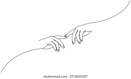 Una línea minimalista que ilustra dos manos humanas que se acercan para tocarse, capturando la esencia de la conexión y la intimidad a través de un elegante y continuo arte lineal. La Imagen enfatiza