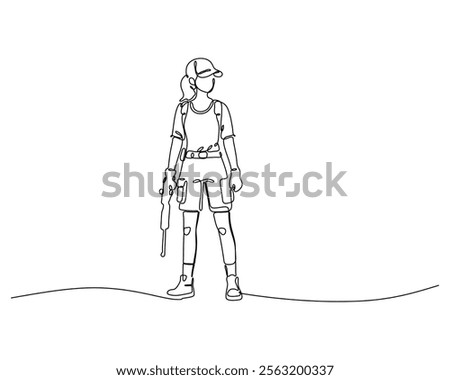 Minimalistic line drawing of a person standing and holding a rifle, dressed in tactical gear including a cap, shorts, and knee pads, representing precision, focus, and tactical readiness