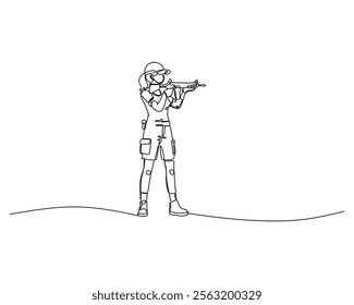 Minimalistic line drawing of a person in tactical gear, standing and aiming a rifle, representing precision, focus, and outdoor activity. Ideal for military, sports, and training concepts