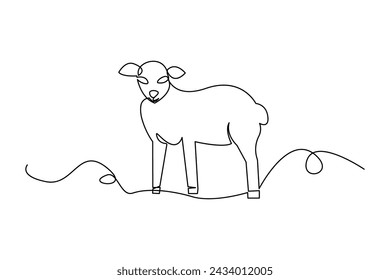 Minimalistic line drawing of a sheep standing on a continuous line landscape. Vector illustration. EPS 10.