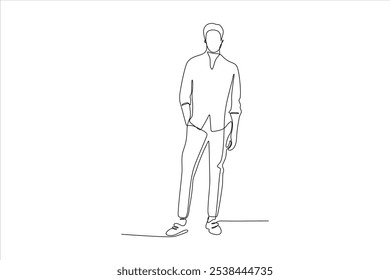 A minimalistic line drawing of a standing man in casual attire.