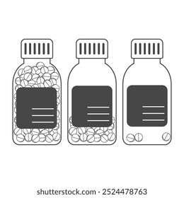 Dibujo de línea minimalista de tres envases de píldoras, cada uno con diferentes cantidades de tabletas en el interior