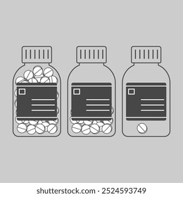 Desenho de linha minimalista de três recipientes de pílula, cada um com diferentes quantidades de comprimidos dentro