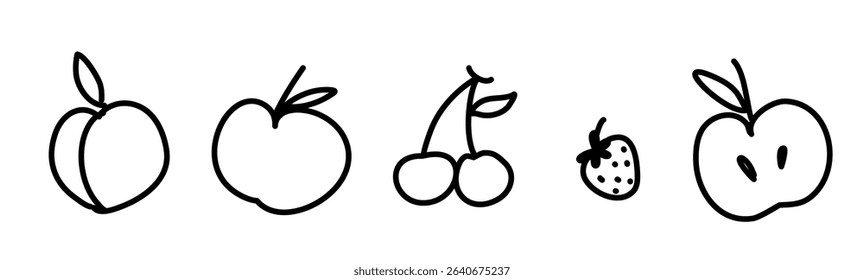 Minimalistic line drawings of fruit icons. Black and white style. Includes peach, apple, cherries, strawberry. Perfect for web design and graphic projects.