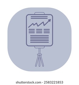 Minimalistic line icon of business report displayed on tripod clipboard. Rising graph and text lines symbolizing progress and analysis