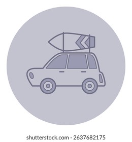 Minimalistic line icon of car with surfboard mounted on roof. Concept of summer road trips to beach for surfing fun