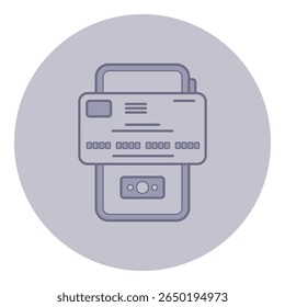 Ícone de linha minimalista do método de pagamento digital, com cartão de crédito posicionado acima do smartphone. Conceito de transações financeiras modernas