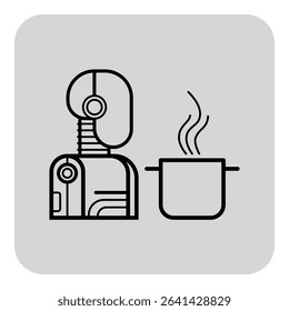 Minimalistic line icon of robot chef next to steaming pot. Innovation in culinary technology and kitchen automation concept. Ideal for modern cooking themes