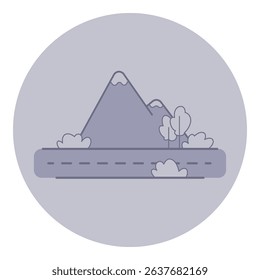 Minimalistic line icon of serene mountain landscape with trees, complemented by road in foreground. Perfect for outdoor and travel-related themes