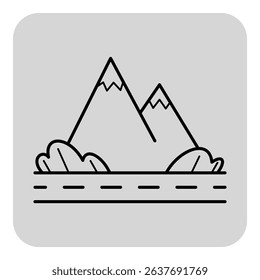 Minimalistic line icon of two mountains with sharp peaks and foliage in foreground, emphasizing beauty of natural landscapes. Outdoor adventures concept