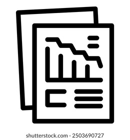 Minimalistic line icon vector of a document with a graph showing a decreasing trend