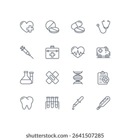 Minimalistic line icons set on medical and healthcare themes. Includes symbols like pills, stethoscope, ambulance, DNA, and more. Perfect for apps, infographics, and medical presentations.