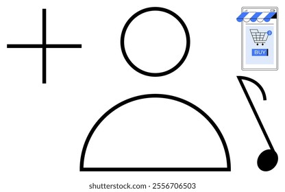 Minimalistic line icons with a user profile, a plus sign, a music note, and an online shopping cart with a Buy button. Ideal for digital content, user interface design, e-commerce, music apps, social