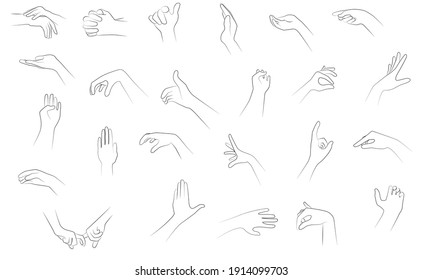 Minimalistic line illustration set of hands positions and gestures in black line on white background. 
