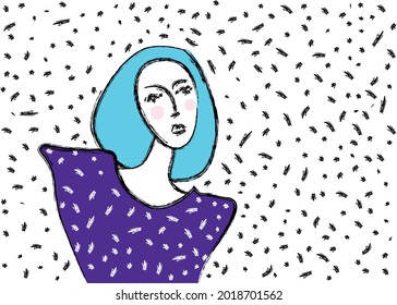 Minimalistic line portrait of a girl with blue hair and a ultramarine dress. Fashion concept.