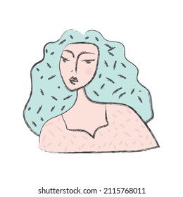 Minimalistic line portrait of woman. Cartoon female character with wavy blue hair and dressed in pale pink clothes. Fashion concept. Pastel colors