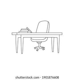 Minimalistic Line Work Table Vector Isolated On White Background. Simple Work Desk Outline Icon. Modern Office Table Vector, Study Desk Linear. Teble For Office Worker Line Illustration