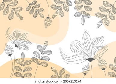 Banner lineal minimalista. Fondo elegante con flores, lugares coloridos y espacio para el texto. Elemento de diseño con hojas y lirios para redes sociales y aplicaciones. Dibujo vectorial plano de dibujos animados