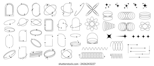 Minimalistic linear elements with sparkle. Arched frames for poster design, modern vector set in boho style. Y2k frames
