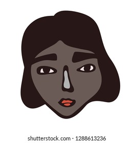 Minimalistic linear female portrait. Dark short hair, dark face with brown eyes. Vietnamese facial features. Scandinavian primitive graphic style. Simple colour combination