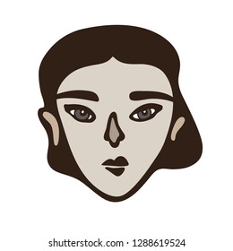 Minimalistic linear female portrait. Dark haired girl, white face with gray eyes. Asian facial features. Scandinavian primitive graphic style. Calm colour combination. Blog, social media feed